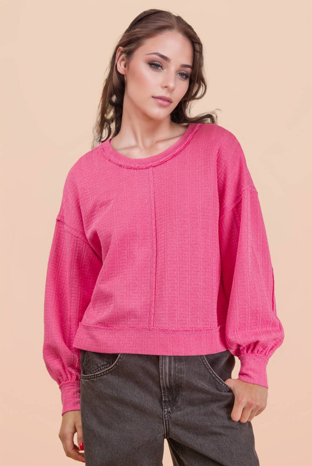 Raw Edge Detail Oversized Textured Knit Top-Top-VERY J-Stuffology - Where Vintage Meets Modern, A Boutique for Real Women in Crosbyton, TX
