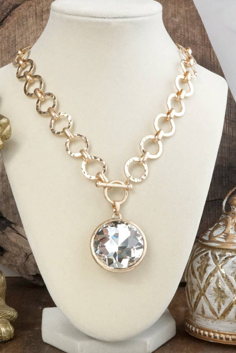 Gilded Radiance – Chunky Ring Chain Necklace with Sparkly Crystal-necklace-PennyLine inc-Stuffology - Where Vintage Meets Modern, A Boutique for Real Women in Crosbyton, TX