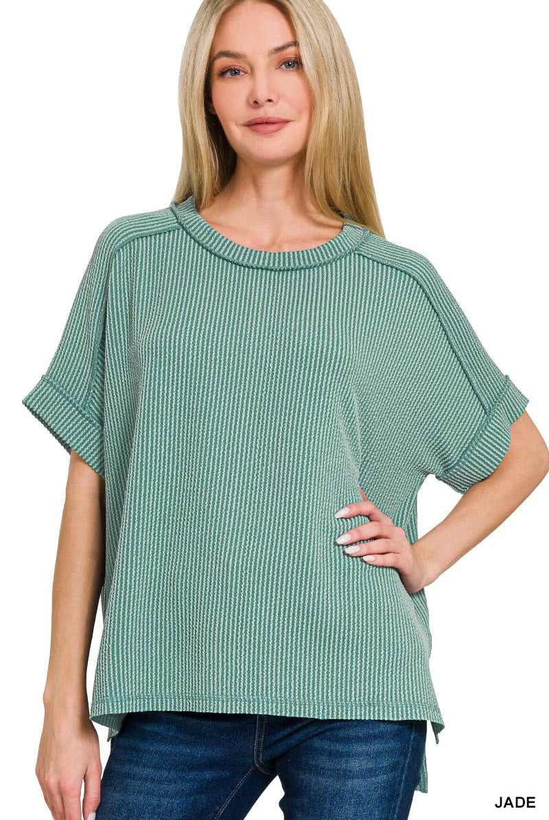 Corded Rib Short Cuff Sleeve Raw Edge Top-TOP-Stuffology Boutique-Stuffology - Where Vintage Meets Modern, A Boutique for Real Women in Crosbyton, TX
