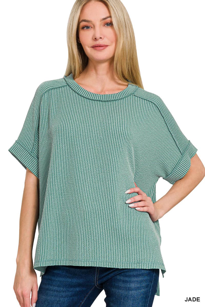 Corded Rib Short Cuff Sleeve Raw Edge Top-TOP-Stuffology Boutique-Stuffology - Where Vintage Meets Modern, A Boutique for Real Women in Crosbyton, TX