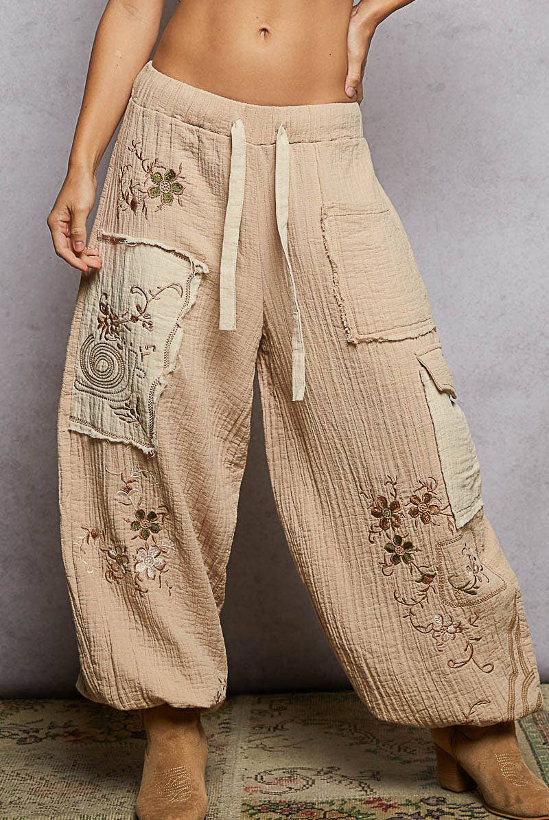 POL Clothing Double gauze floral embroidery accents patch detail pants-pants-Pol Clothing-Stuffology - Where Vintage Meets Modern, A Boutique for Real Women in Crosbyton, TX