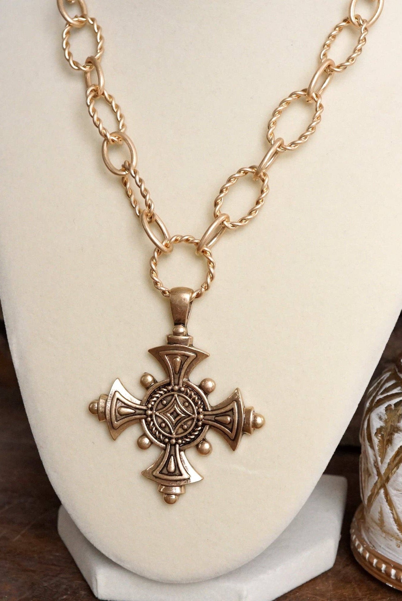 Decorative Cross Statement Necklace – Worn Gold Tone-Necklaces-PennyLine inc-Stuffology - Where Vintage Meets Modern, A Boutique for Real Women in Crosbyton, TX