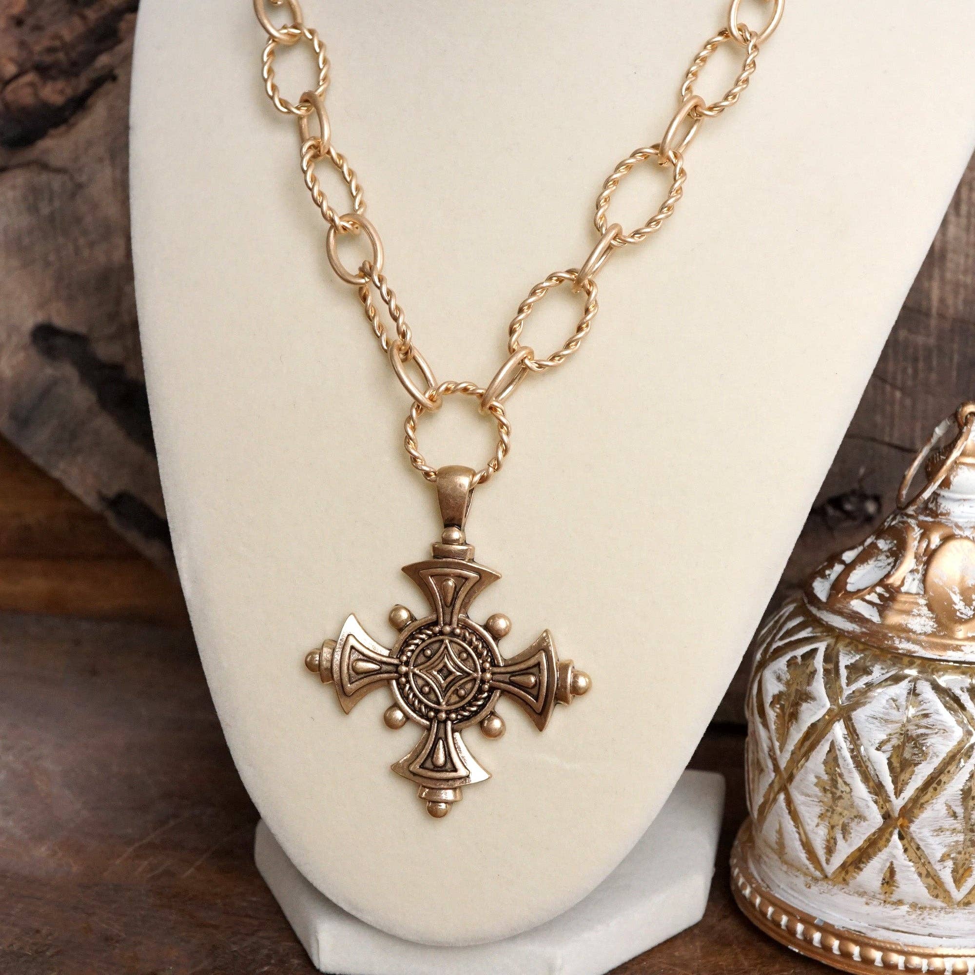Decorative Cross Statement Necklace – Worn Gold Tone-Necklaces-PennyLine inc-Stuffology - Where Vintage Meets Modern, A Boutique for Real Women in Crosbyton, TX