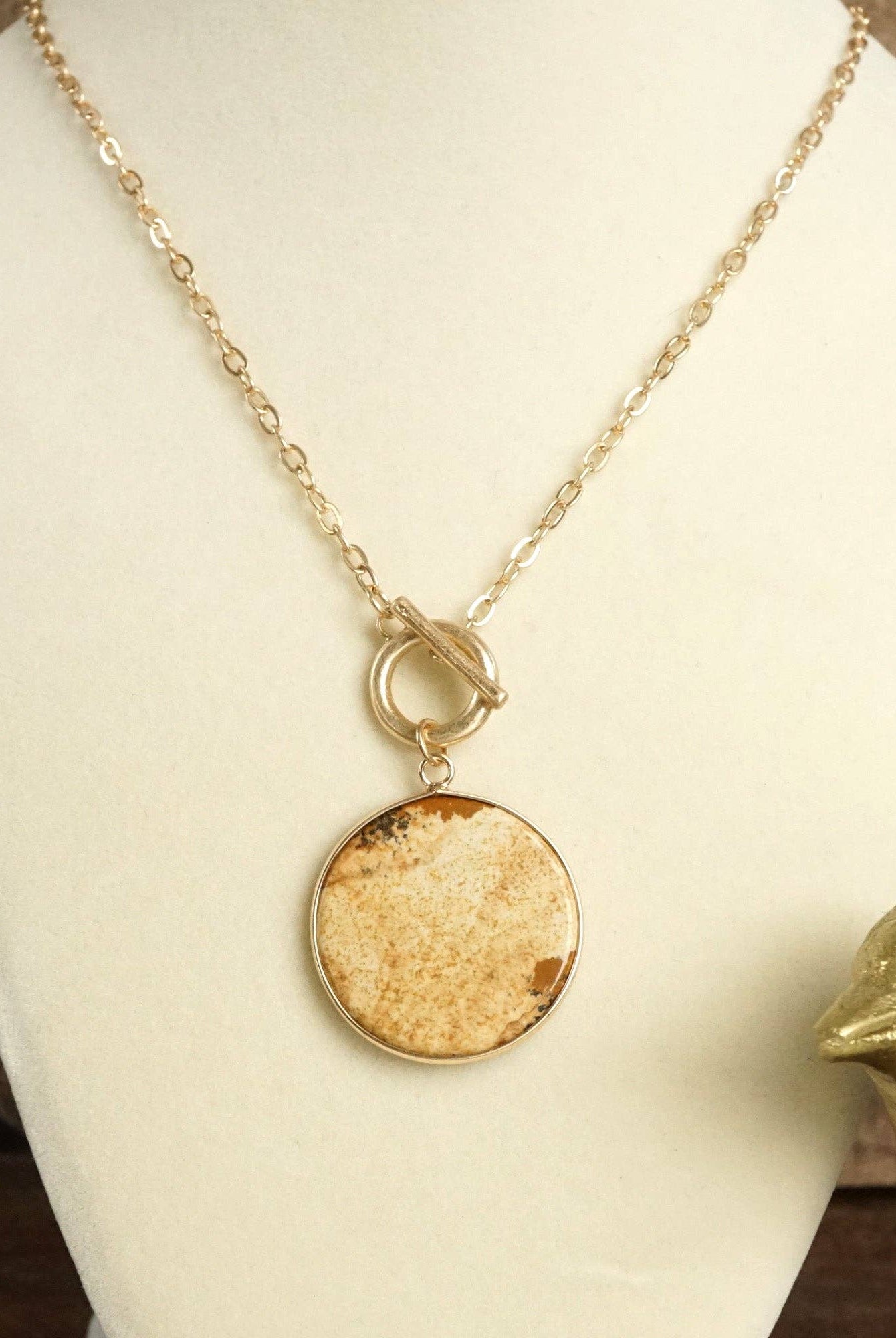 Semi-Precious Disc Pendant Front Toggle Chain Necklace-Necklaces-PennyLine inc-Stuffology - Where Vintage Meets Modern, A Boutique for Real Women in Crosbyton, TX