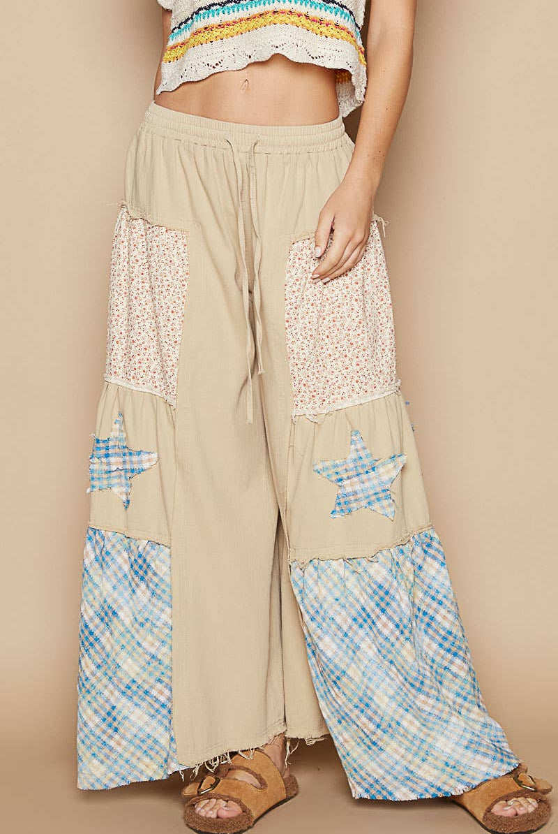 Star patch detail solid chambray wide pants-Pants-Pol Clothing-Stuffology - Where Vintage Meets Modern, A Boutique for Real Women in Crosbyton, TX