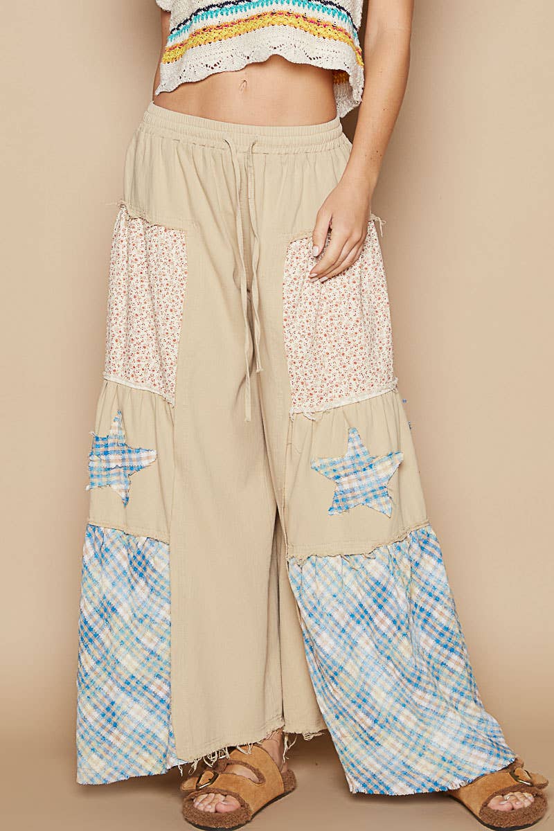 Star patch detail solid chambray wide pants-Pants-Pol Clothing-Stuffology - Where Vintage Meets Modern, A Boutique for Real Women in Crosbyton, TX