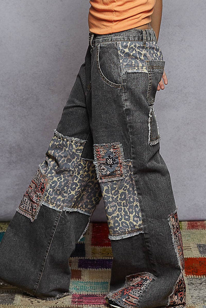POL Clothing Boho Patchwork Denim Wide Leg Jeans-Jeans-Pol Clothing-Stuffology - Where Vintage Meets Modern, A Boutique for Real Women in Crosbyton, TX