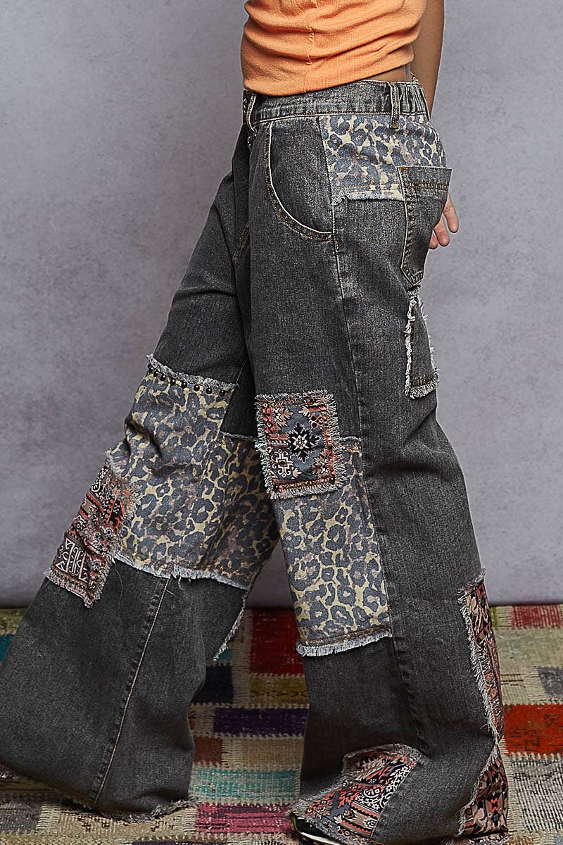 POL Clothing Boho Patchwork Denim Wide Leg Jeans-Jeans-Pol Clothing-Stuffology - Where Vintage Meets Modern, A Boutique for Real Women in Crosbyton, TX