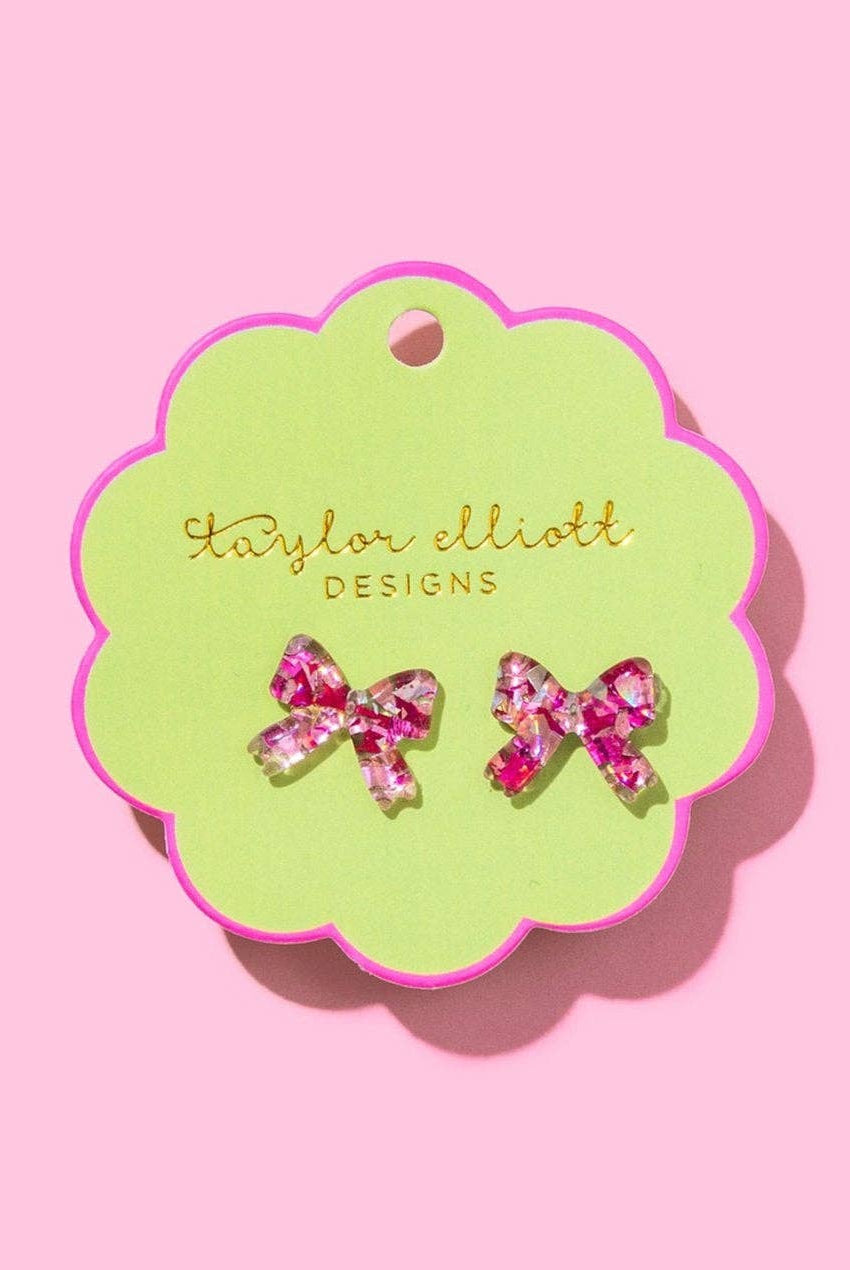 Stud Earrings - Acrylic Ribbon Bows - Pink + Silver Confetti-Earrings-Taylor Elliott Designs-Stuffology - Where Vintage Meets Modern, A Boutique for Real Women in Crosbyton, TX