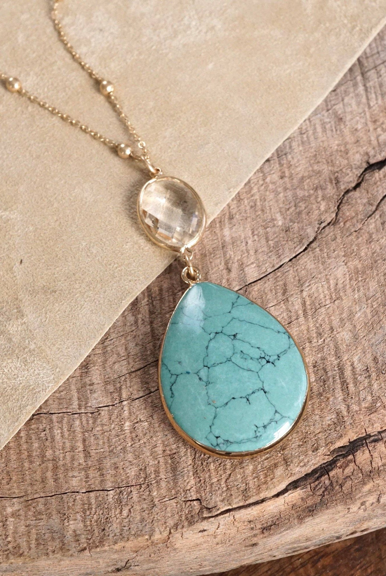 Boho Minimal Long Necklace with Teardrop Natural Stone Pendant – Turquoise and Worn Gold Tone-PennyLine inc-Stuffology - Where Vintage Meets Modern, A Boutique for Real Women in Crosbyton, TX