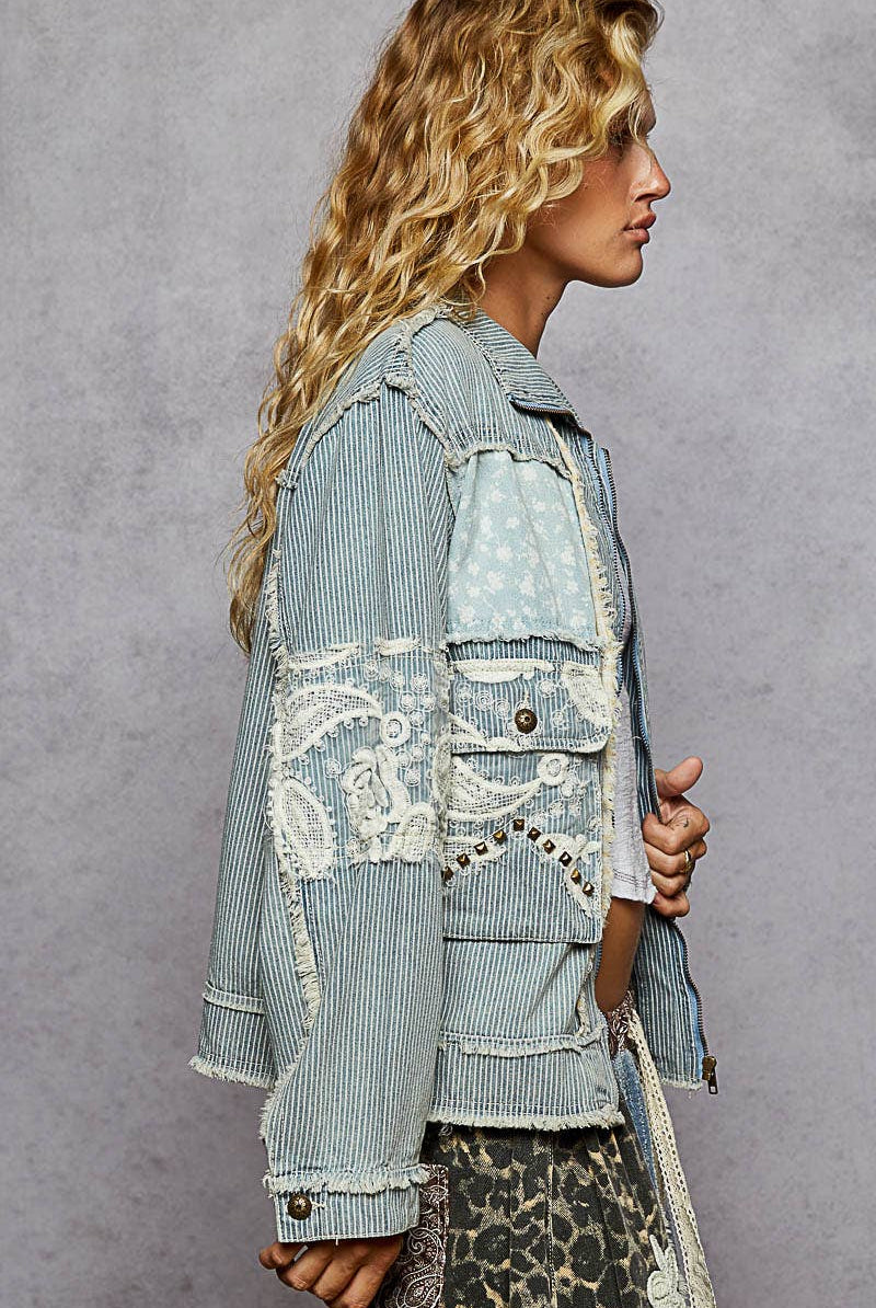 POL Clothing - Long sleeve textured woven lace patchwork jacket-Jackets-Pol Clothing-Stuffology - Where Vintage Meets Modern, A Boutique for Real Women in Crosbyton, TX