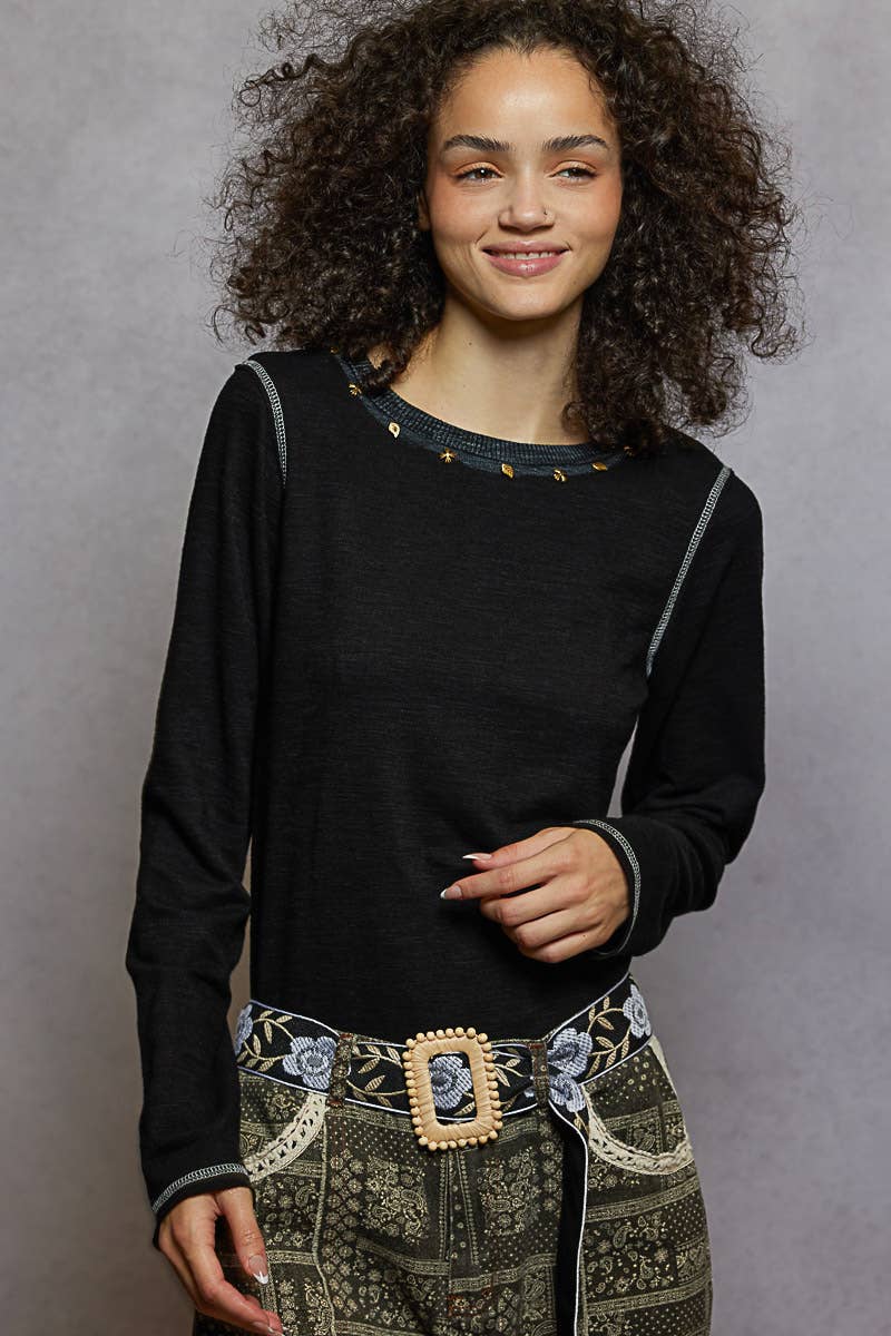 POL Clothing - Long Sleeve Knit Top with Stud Details-Pol Clothing-Stuffology - Where Vintage Meets Modern, A Boutique for Real Women in Crosbyton, TX