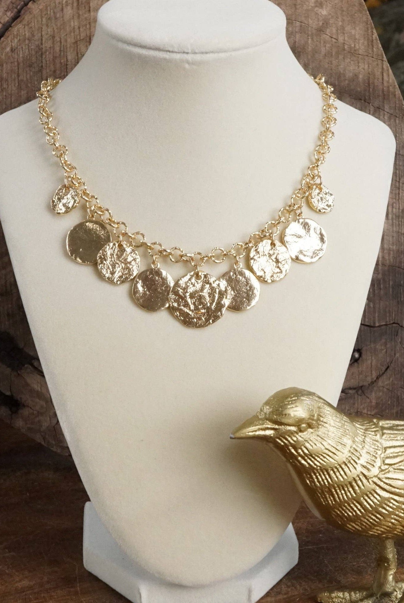 Textured Coins Statement Necklace – Gold Tone-Necklaces-PennyLine inc-Stuffology - Where Vintage Meets Modern, A Boutique for Real Women in Crosbyton, TX