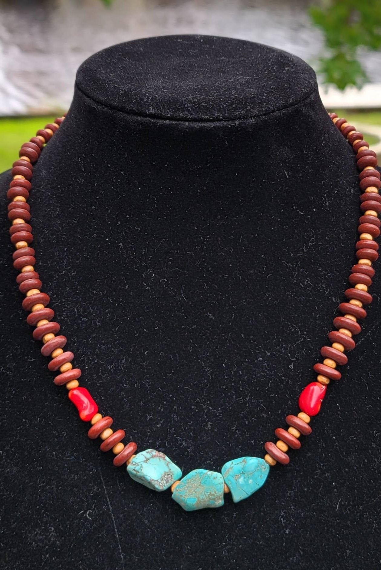 Turquoise, Coral Necklace, wood beads Native American made-Necklaces-Horse Spirit Studio-Stuffology - Where Vintage Meets Modern, A Boutique for Real Women in Crosbyton, TX
