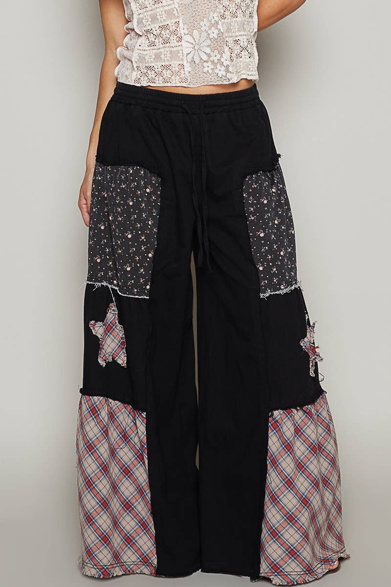 Star patch detail solid chambray wide pants-Pants-Pol Clothing-Stuffology - Where Vintage Meets Modern, A Boutique for Real Women in Crosbyton, TX