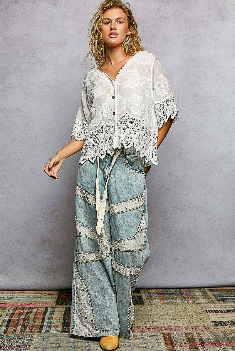 Crochet Trim Neckline Short Sleeve Jacket Top-Pol Clothing-Stuffology - Where Vintage Meets Modern, A Boutique for Real Women in Crosbyton, TX
