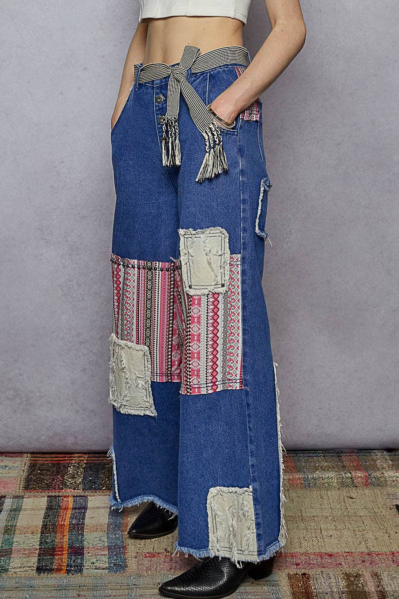 POL Clothing Boho Patchwork Denim Wide Leg Jeans-Jeans-Pol Clothing-Stuffology - Where Vintage Meets Modern, A Boutique for Real Women in Crosbyton, TX