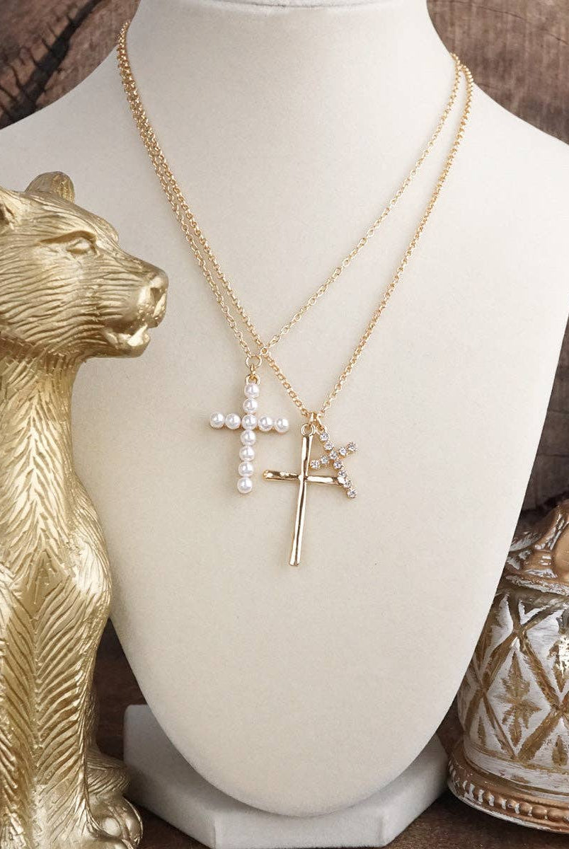 Sacred Layers – Multi Cross Pendant Necklace in Gold Tone-Jewelry-PennyLine inc-Stuffology - Where Vintage Meets Modern, A Boutique for Real Women in Crosbyton, TX