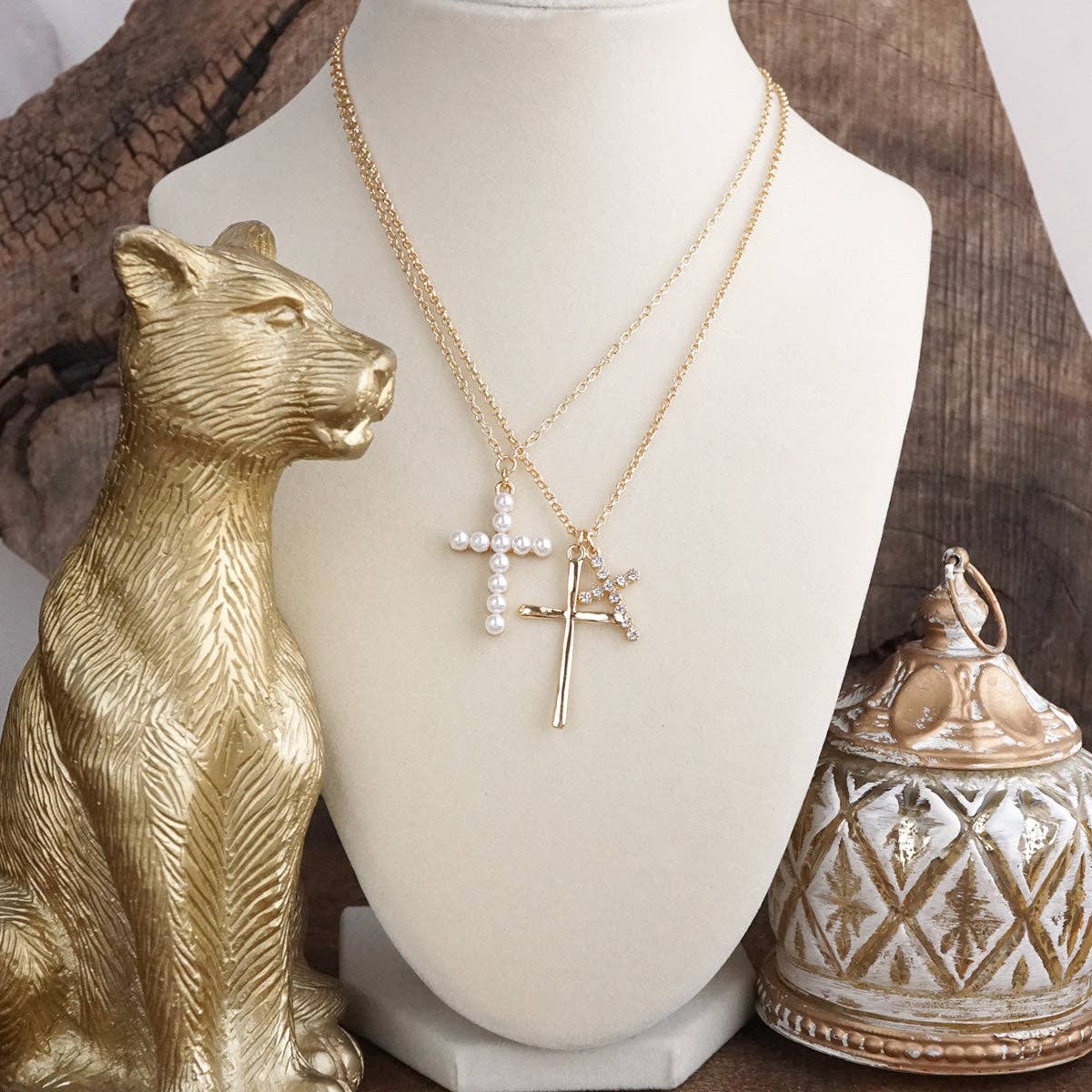 Sacred Layers – Multi Cross Pendant Necklace in Gold Tone-Jewelry-PennyLine inc-Stuffology - Where Vintage Meets Modern, A Boutique for Real Women in Crosbyton, TX