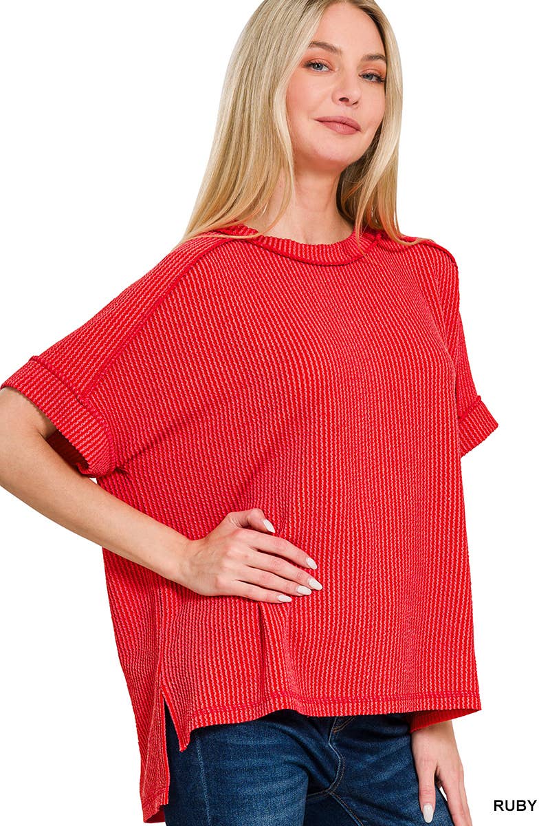Corded Rib Short Cuff Sleeve Raw Edge Top-TOP-Stuffology Boutique-Stuffology - Where Vintage Meets Modern, A Boutique for Real Women in Crosbyton, TX