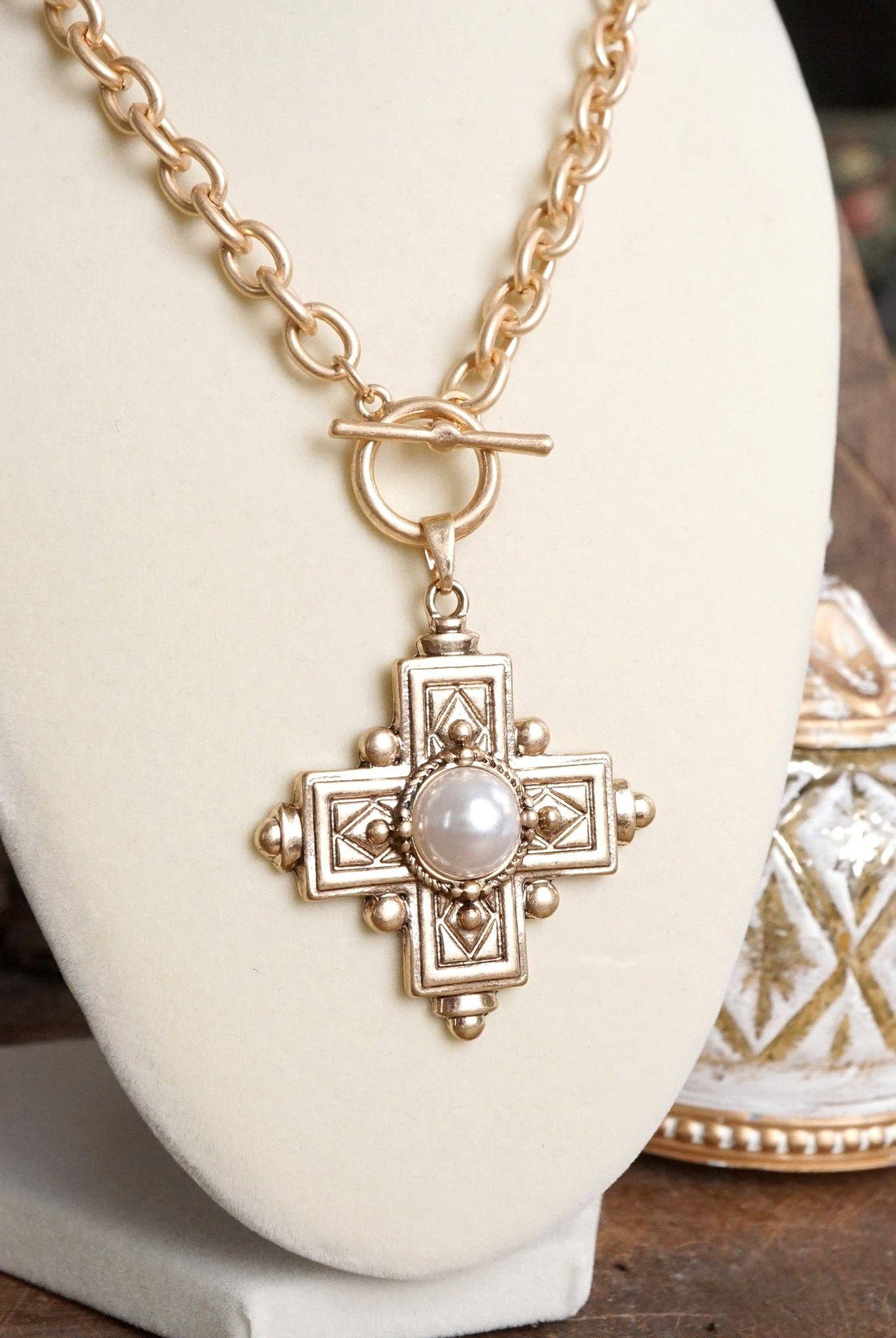 Decorative Cross Necklace Worn Gold Tone Front Toggle and Pearl-Necklaces-PennyLine inc-Stuffology - Where Vintage Meets Modern, A Boutique for Real Women in Crosbyton, TX