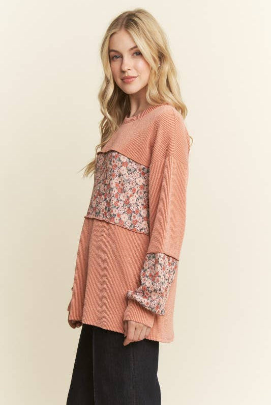 LONG SLEEVE RIBBED FLORAL TOP-TOP-HEIMISH-Stuffology - Where Vintage Meets Modern, A Boutique for Real Women in Crosbyton, TX
