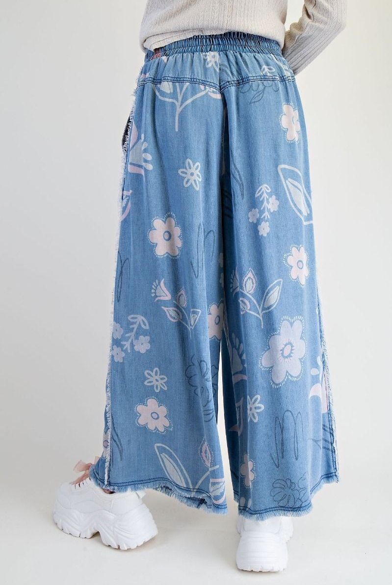 FLORAL PRINT WASHED CHAMBRAY PANTS-Pants-EASEL-Stuffology - Where Vintage Meets Modern, A Boutique for Real Women in Crosbyton, TX