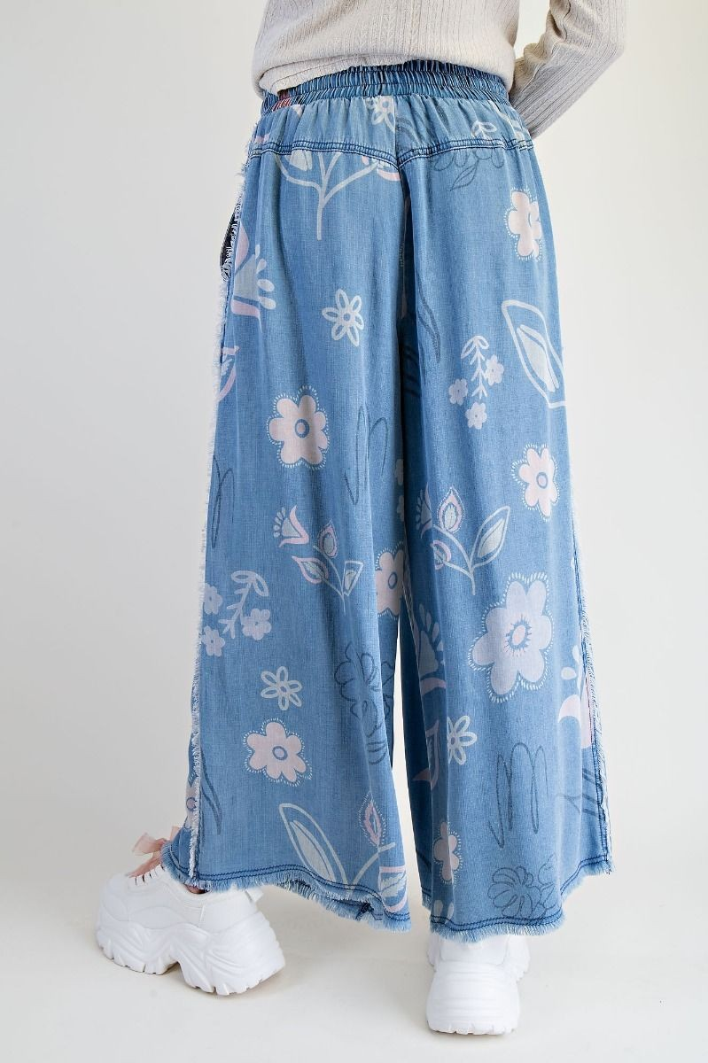 FLORAL PRINT WASHED CHAMBRAY PANTS-Pants-EASEL-Stuffology - Where Vintage Meets Modern, A Boutique for Real Women in Crosbyton, TX