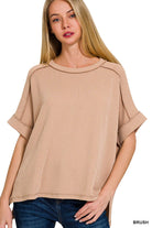 Corded Rib Short Cuff Sleeve Raw Edge Top-TOP-Stuffology Boutique-Stuffology - Where Vintage Meets Modern, A Boutique for Real Women in Crosbyton, TX