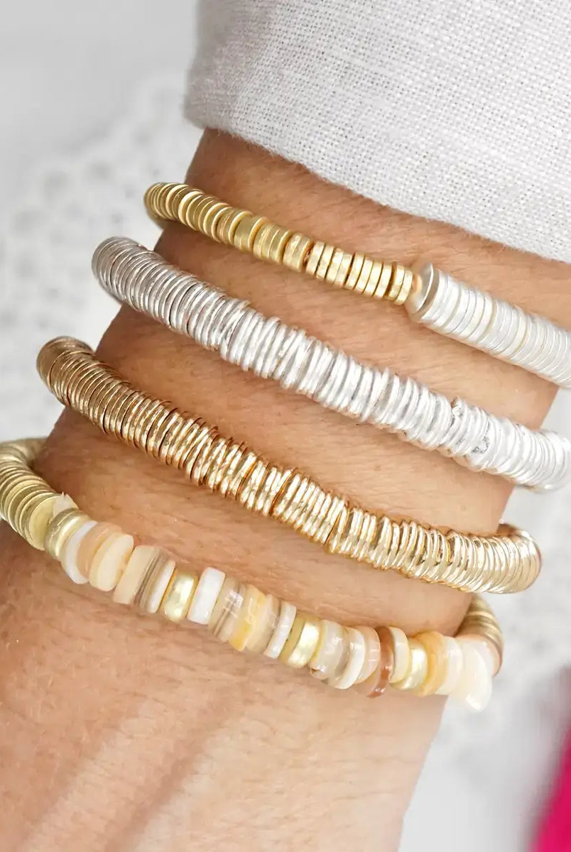 Heishi Disc Boho beaded stretchy bracelet Silver Gold Shell-Bracelets-PennyLine inc-Stuffology - Where Vintage Meets Modern, A Boutique for Real Women in Crosbyton, TX