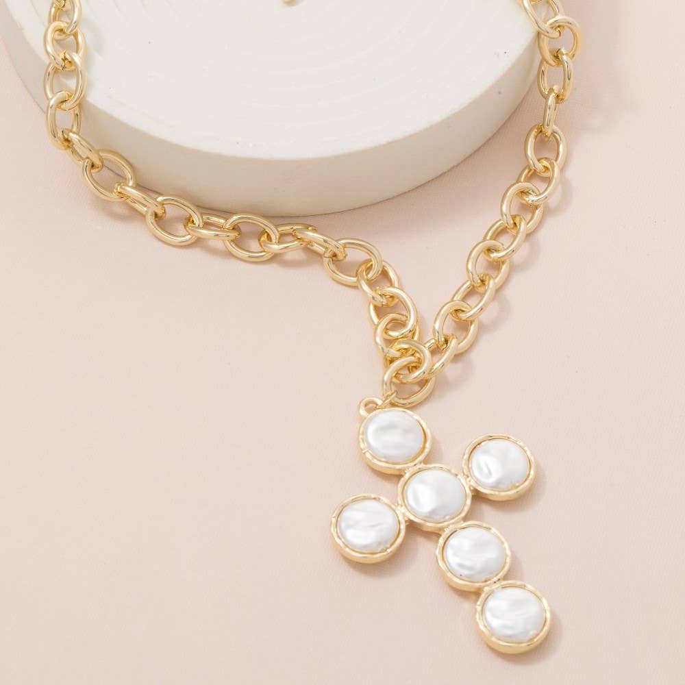 Pearl Discs Cross Pendant Necklace-Necklaces-The Looks by Fame Accessories-Stuffology - Where Vintage Meets Modern, A Boutique for Real Women in Crosbyton, TX