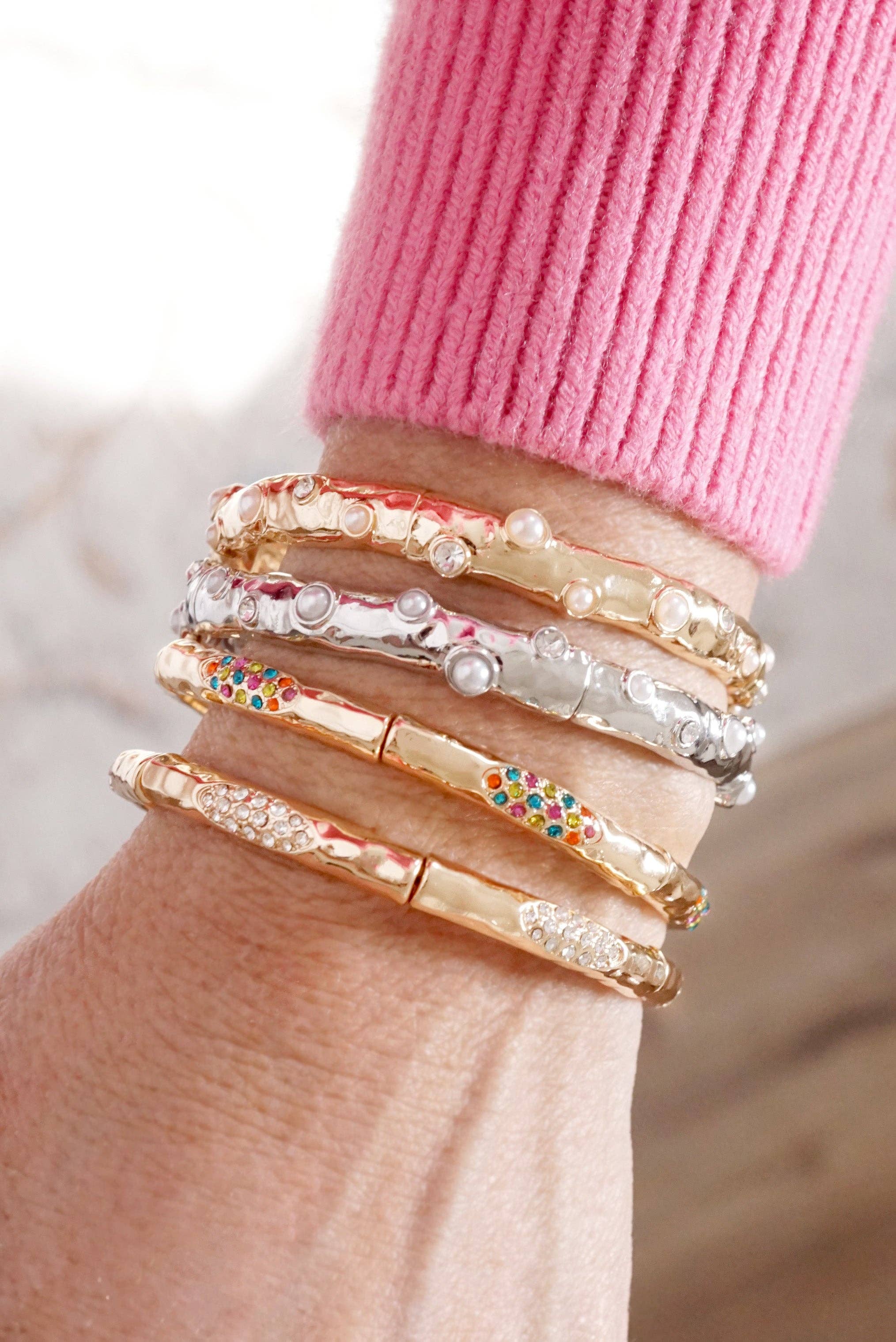 Stretchy Stackable Bangle Pearls and Rhinestones Gold or Silver Tone-PennyLine inc-Stuffology - Where Vintage Meets Modern, A Boutique for Real Women in Crosbyton, TX