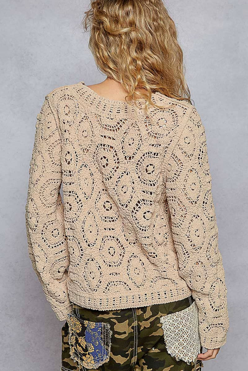 Round neck open knitted crochet solid sweater-Sweaters-Pol Clothing-Stuffology - Where Vintage Meets Modern, A Boutique for Real Women in Crosbyton, TX