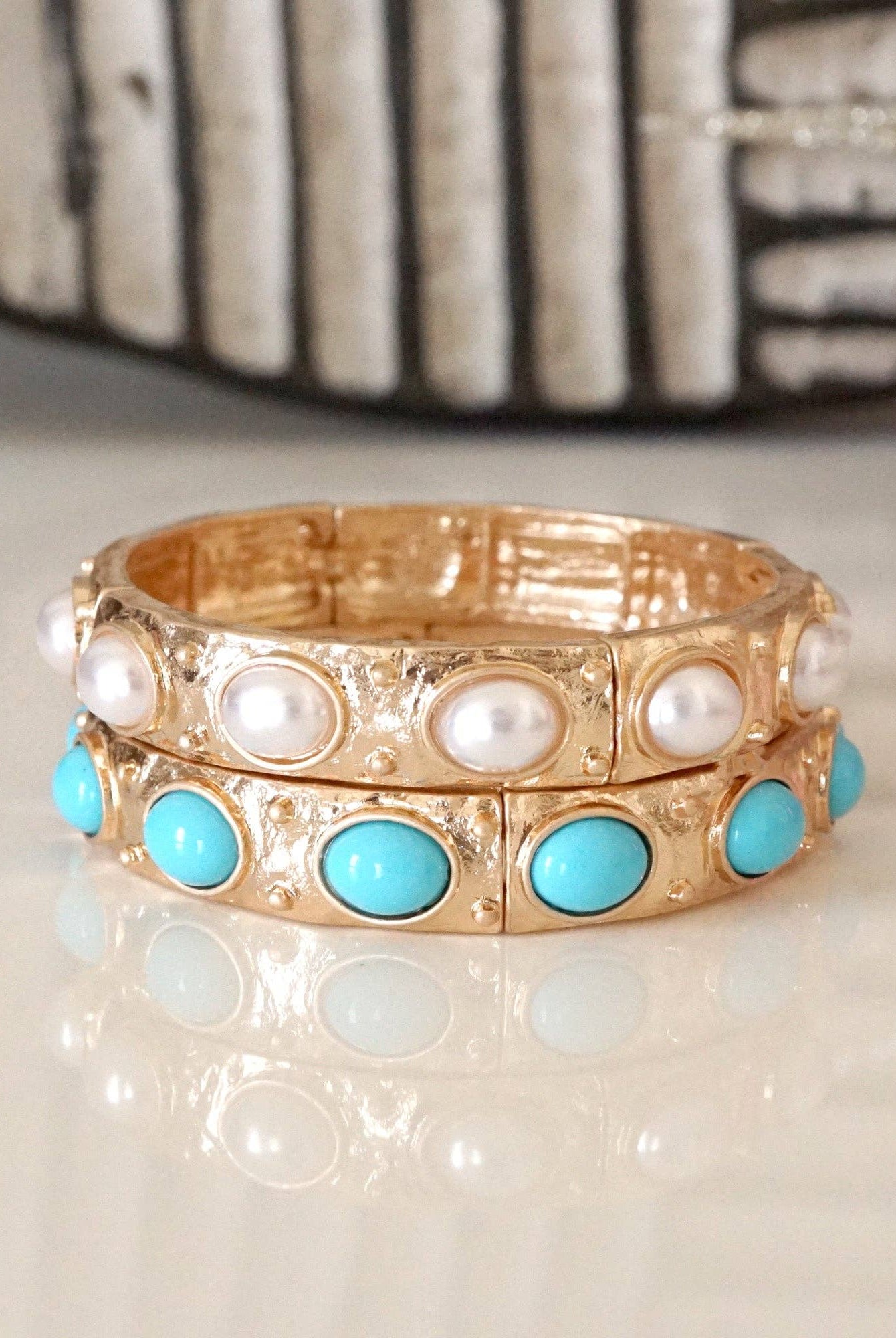 Classic Golden Stretchy Bangles – Pearl or Turquoise Accents-Bracelets-PennyLine inc-Stuffology - Where Vintage Meets Modern, A Boutique for Real Women in Crosbyton, TX