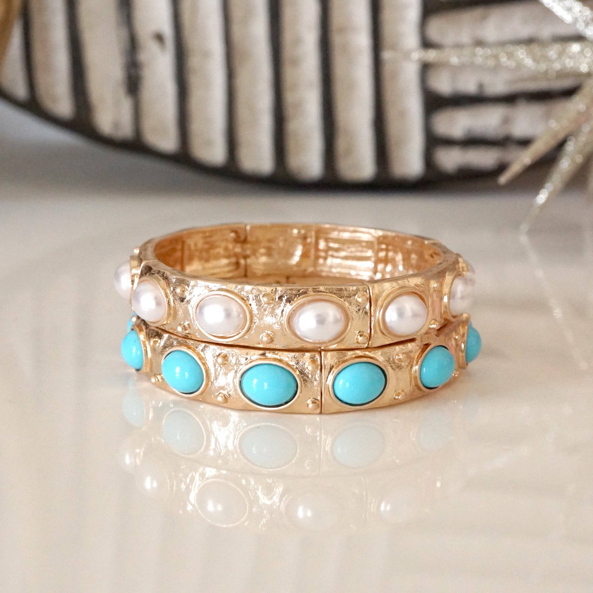 Classic Golden Stretchy Bangles – Pearl or Turquoise Accents-Bracelets-PennyLine inc-Stuffology - Where Vintage Meets Modern, A Boutique for Real Women in Crosbyton, TX