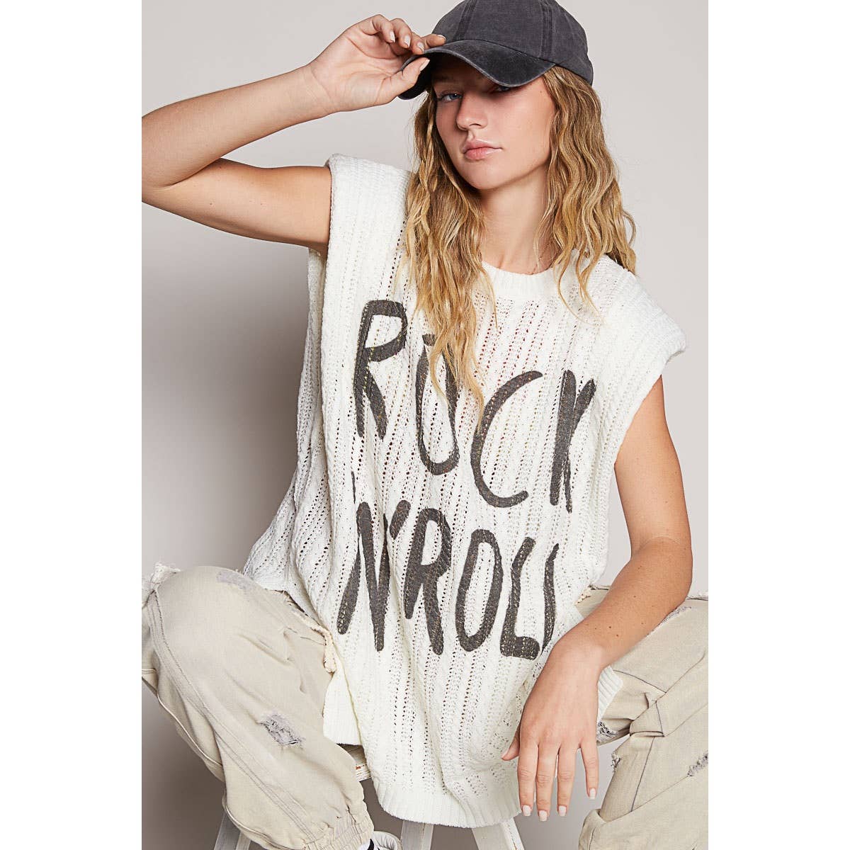 POL Clothing Rock N Roll Graphic Lettering Round Sleeveless Top-TOP-Pol Clothing-Stuffology - Where Vintage Meets Modern, A Boutique for Real Women in Crosbyton, TX