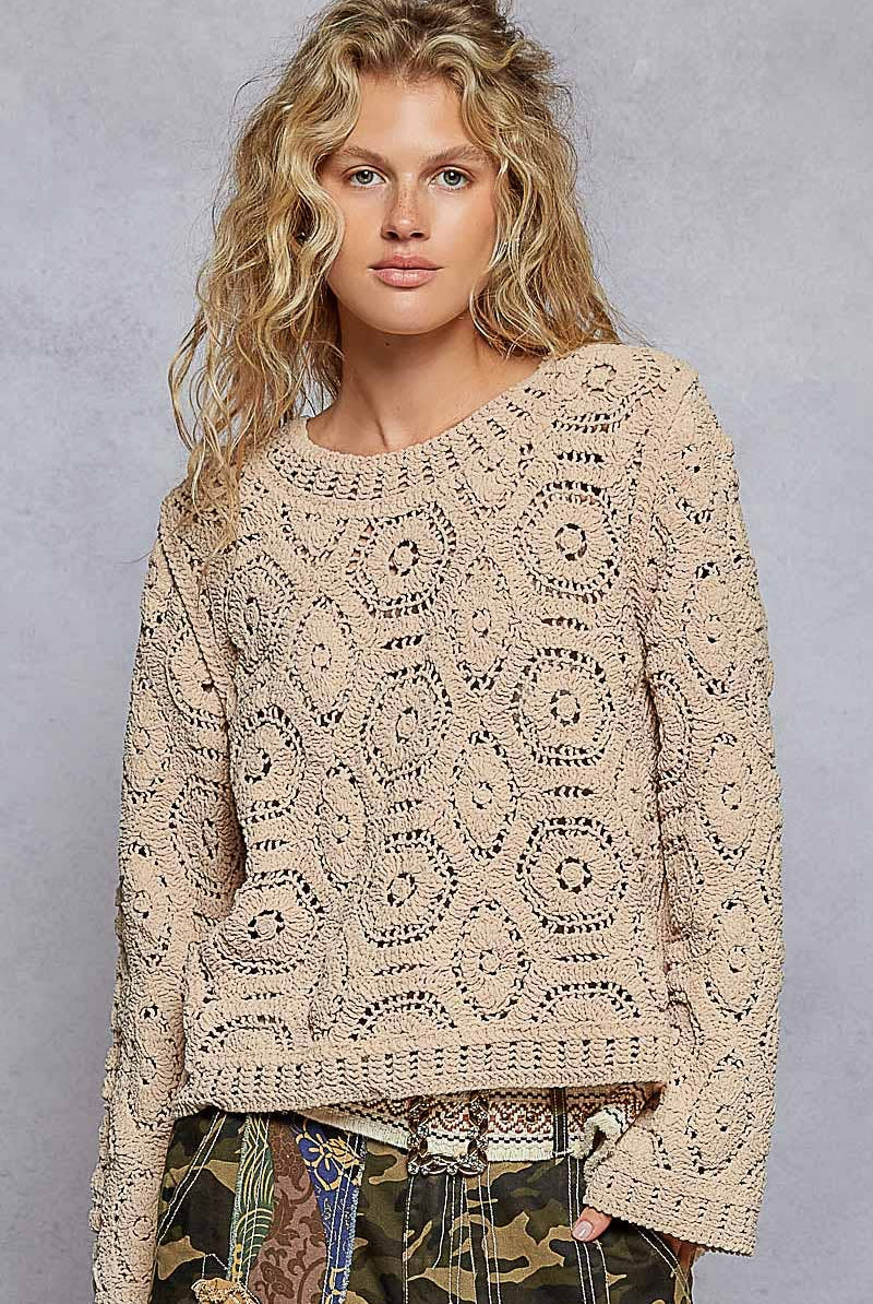 Round neck open knitted crochet solid sweater-Sweaters-Pol Clothing-Stuffology - Where Vintage Meets Modern, A Boutique for Real Women in Crosbyton, TX
