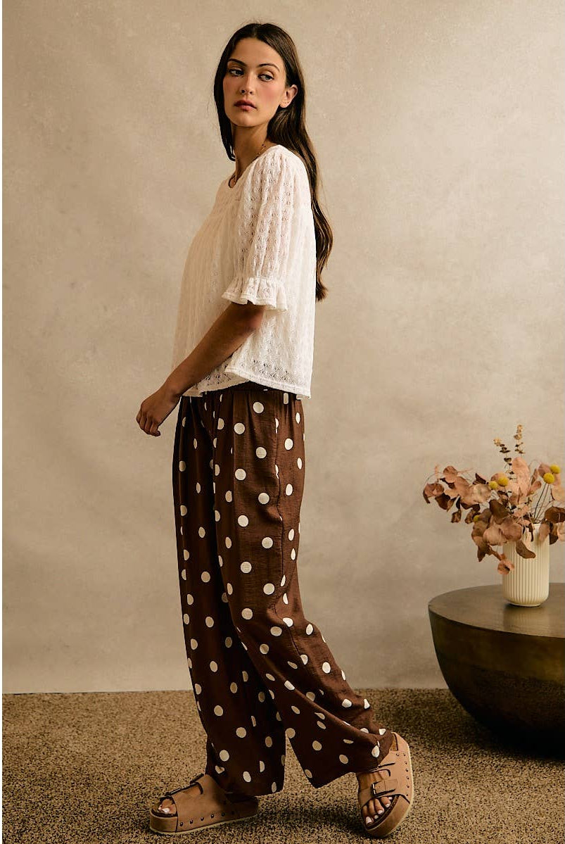 POLKA DOT CREPE SMOCKED POCKET WIDE LEG PANTS-So Me-Stuffology - Where Vintage Meets Modern, A Boutique for Real Women in Crosbyton, TX