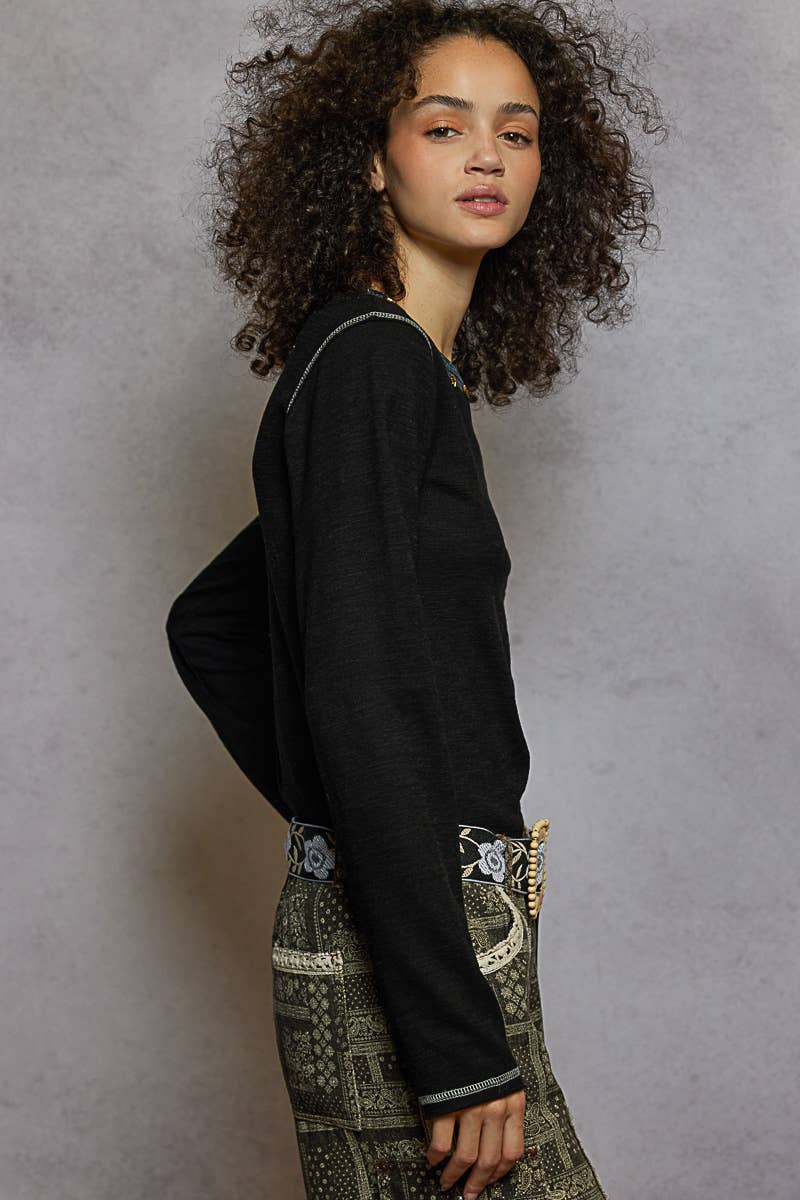 POL Clothing - Long Sleeve Knit Top with Stud Details-Pol Clothing-Stuffology - Where Vintage Meets Modern, A Boutique for Real Women in Crosbyton, TX