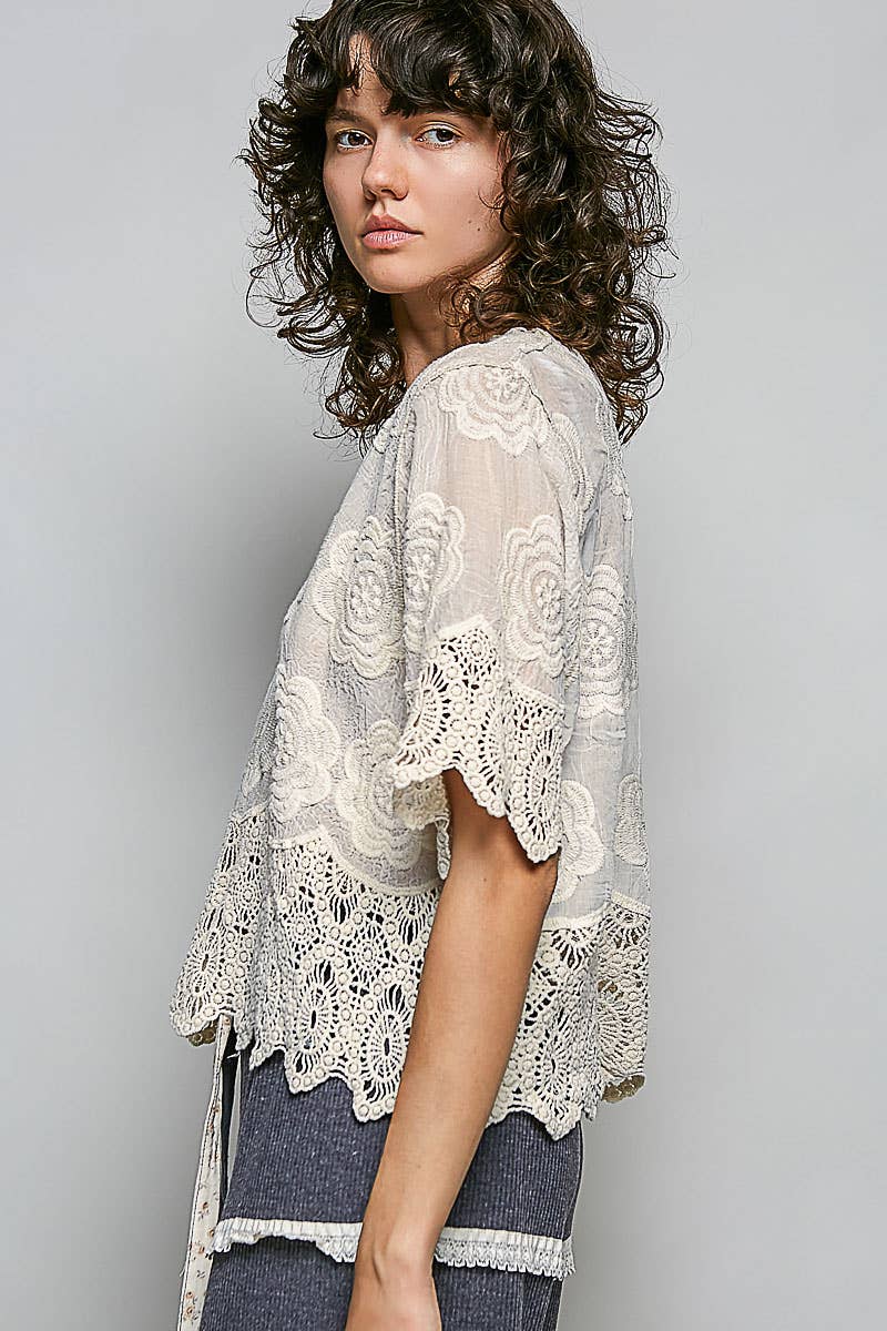 Crochet Trim Neckline Short Sleeve Jacket Top-Pol Clothing-Stuffology - Where Vintage Meets Modern, A Boutique for Real Women in Crosbyton, TX