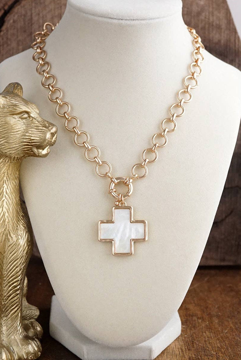 Luminous Cross – Mother of Pearl Charm Necklace-Necklaces-PennyLine inc-Stuffology - Where Vintage Meets Modern, A Boutique for Real Women in Crosbyton, TX
