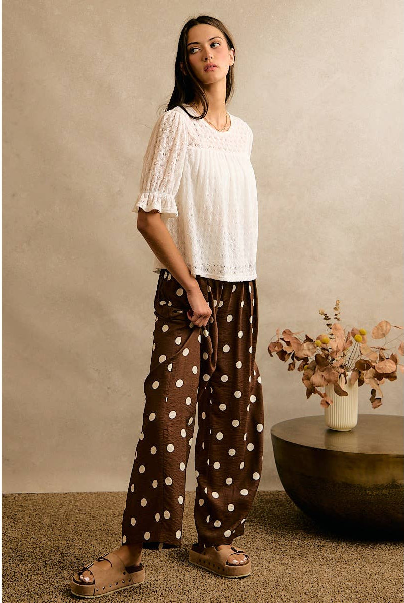POLKA DOT CREPE SMOCKED POCKET WIDE LEG PANTS-So Me-Stuffology - Where Vintage Meets Modern, A Boutique for Real Women in Crosbyton, TX