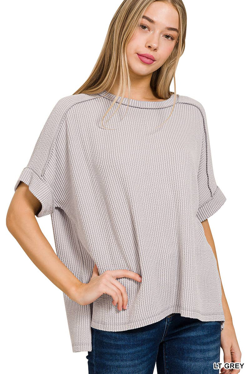 Corded Rib Short Cuff Sleeve Raw Edge Top-TOP-Stuffology Boutique-Stuffology - Where Vintage Meets Modern, A Boutique for Real Women in Crosbyton, TX