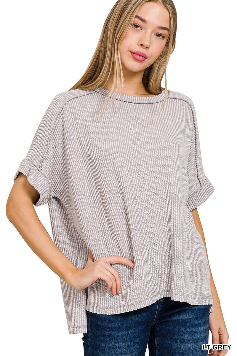 Corded Rib Short Cuff Sleeve Raw Edge Top-TOP-Stuffology Boutique-Stuffology - Where Vintage Meets Modern, A Boutique for Real Women in Crosbyton, TX