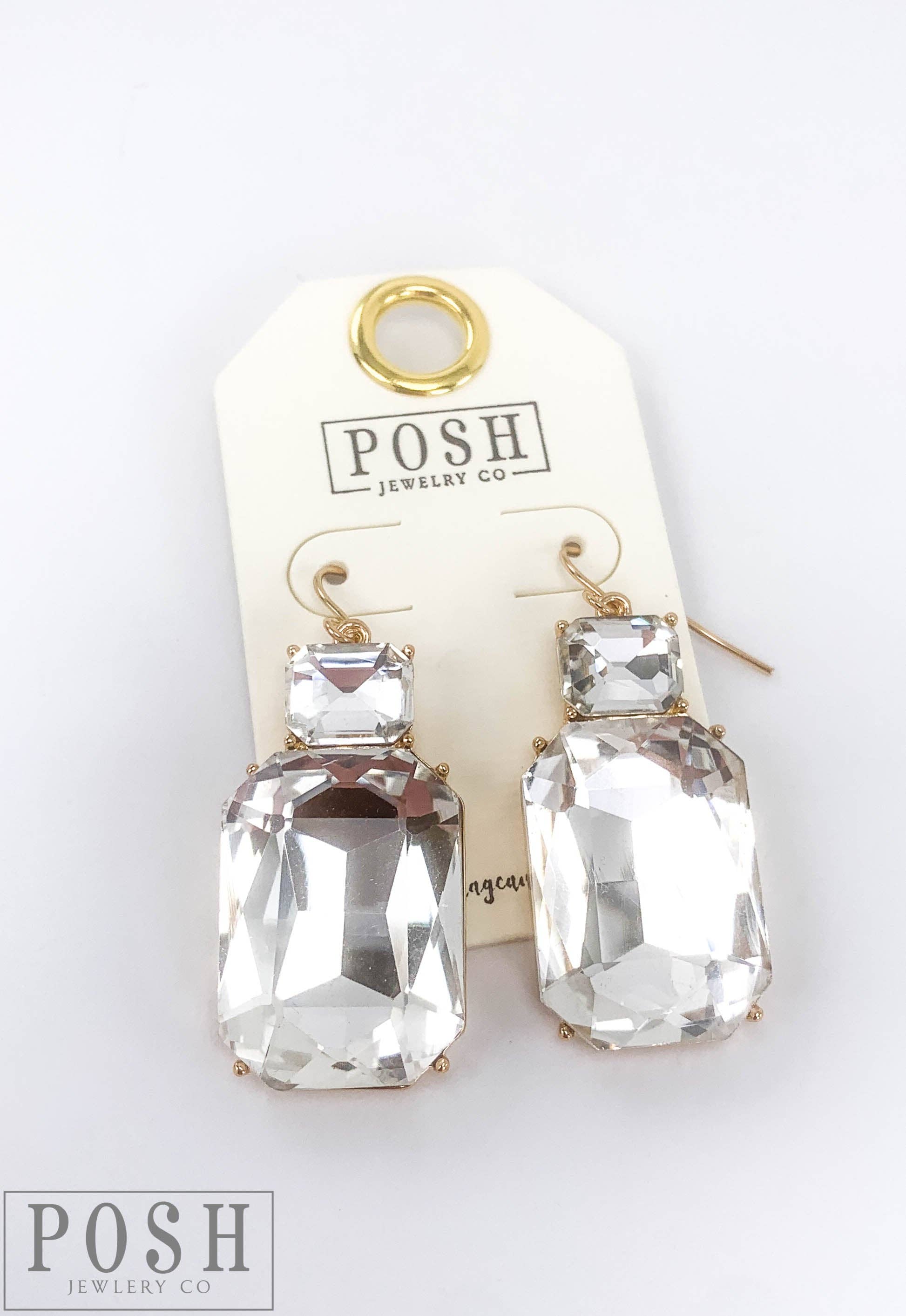 Rectangle gold rhinestone earrings | Stuffology Boutique-Earrings-Pink Panache Brands-Stuffology - Where Vintage Meets Modern, A Boutique for Real Women in Crosbyton, TX