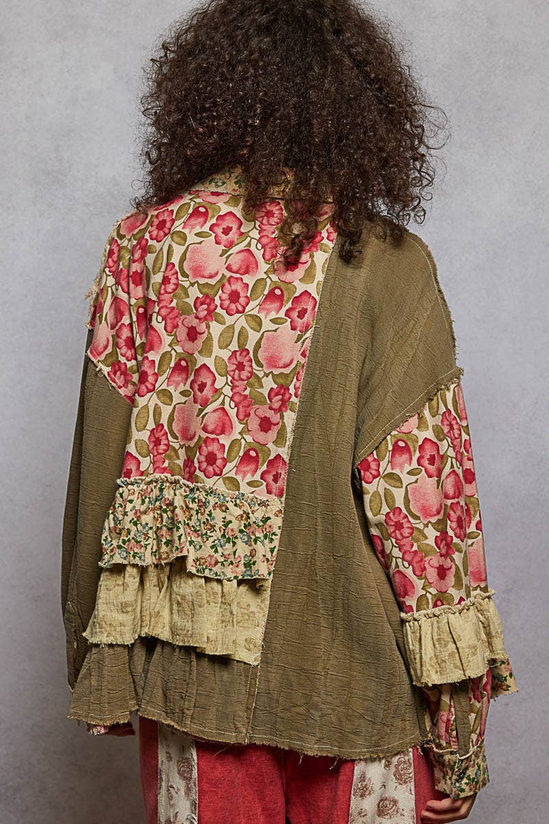 POL Clothing - Long sleeve double gauze patchwork shirred ruffle shirts-Pol Clothing-Stuffology - Where Vintage Meets Modern, A Boutique for Real Women in Crosbyton, TX