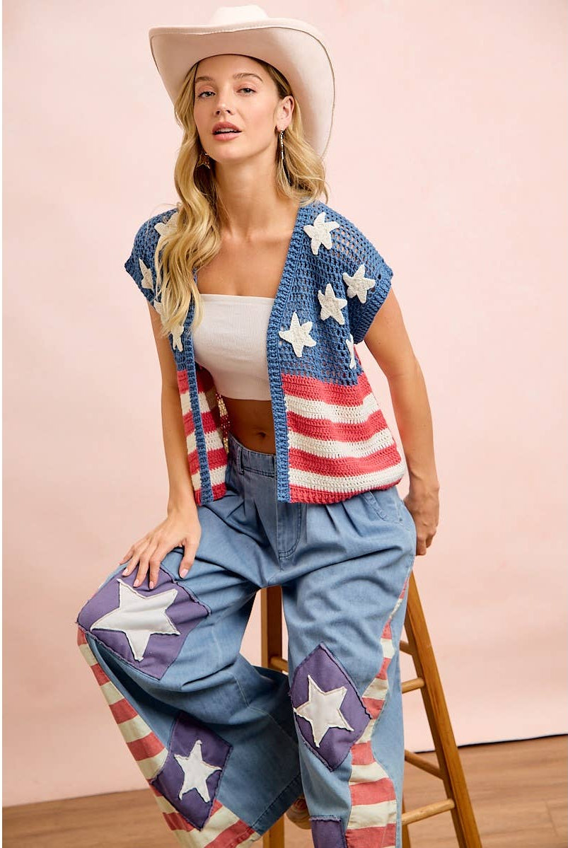 American Flag Short Sleeve Cardigan-Cardigan-BiBi-Stuffology - Where Vintage Meets Modern, A Boutique for Real Women in Crosbyton, TX