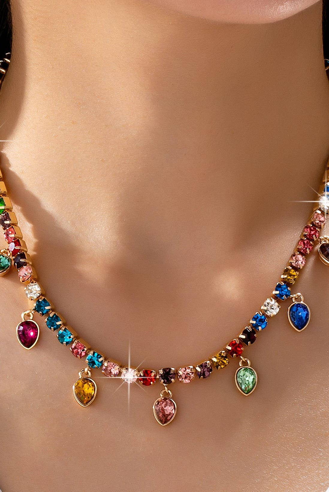 Multicolor Glass Crystal Tennis Teardrop Necklace | 80N92890-Necklaces-JOSSLYN by wall to wall-Stuffology - Where Vintage Meets Modern, A Boutique for Real Women in Crosbyton, TX