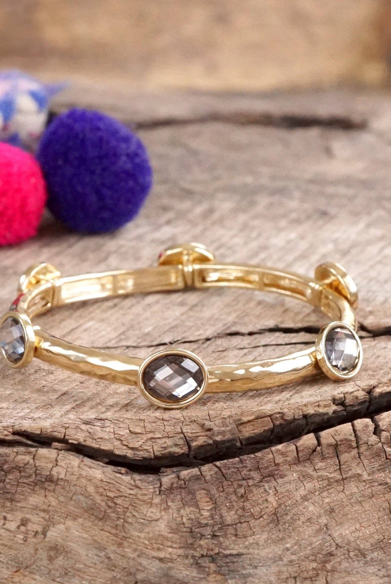 Jeweled Golden Bangle - with Faceted glass oval colorful jewels-Bracelets-PennyLine inc-Stuffology - Where Vintage Meets Modern, A Boutique for Real Women in Crosbyton, TX