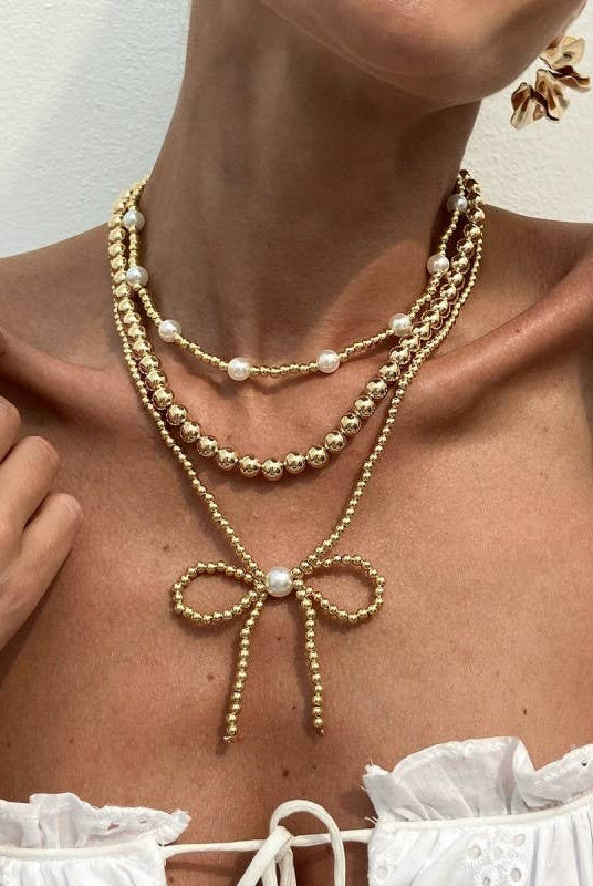 MULTILAYER BALL CHAIN BEAD PEARL BOW NECKLACE | 40NK9455-Necklaces-JOSSLYN by wall to wall-Stuffology - Where Vintage Meets Modern, A Boutique for Real Women in Crosbyton, TX